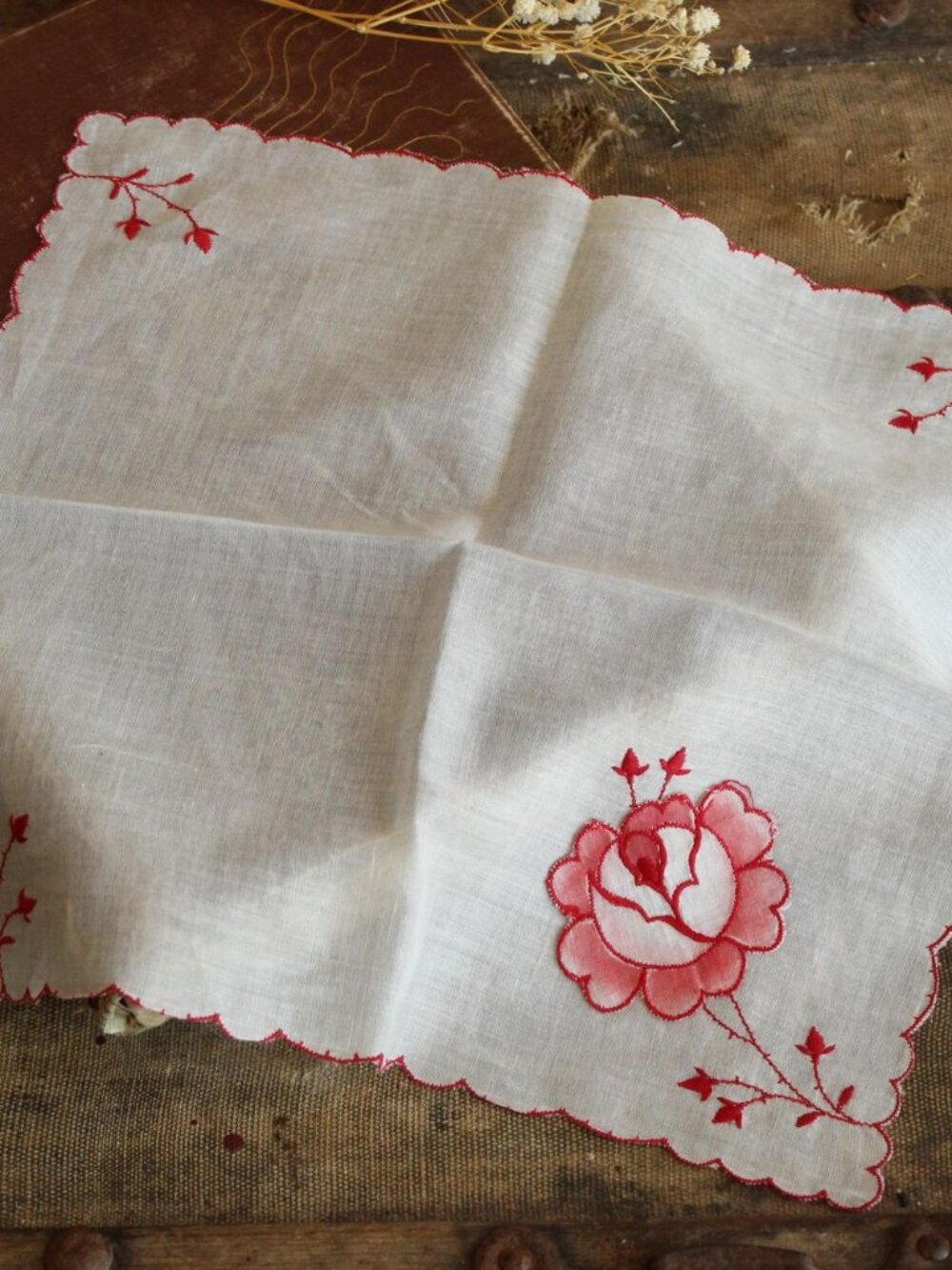 Vintage Handkerchief, Embroidered Hankie with Red Flowers, Pocket Square